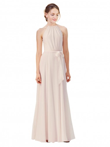 Cheap Tie Neck Long Chiffon A-Line Bridesmaid Dress with Sheer Back UK