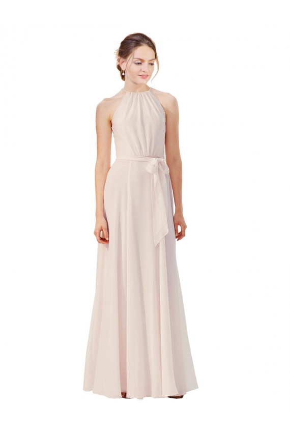 Cheap Tie Neck Long Chiffon A-Line Bridesmaid Dress with Sheer Back UK
