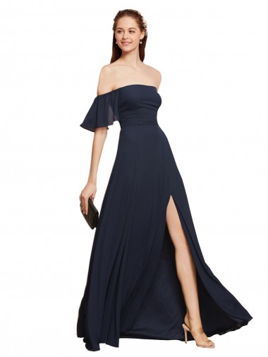 Cheap Off the Shoulder Floaty Sleeves Chiffon Bridesmaid Dress / Prom Dress with High Slit UK