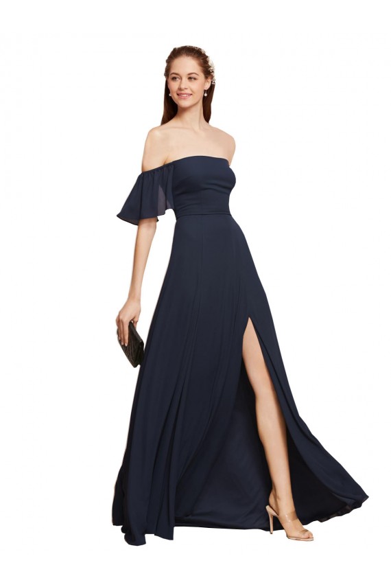 Cheap Off the Shoulder Floaty Sleeves Chiffon Bridesmaid Dress / Prom Dress with High Slit UK
