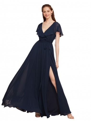 Cheap Long V-Neck Chiffon Bridesmaid Dress with Slit and V-Back UK