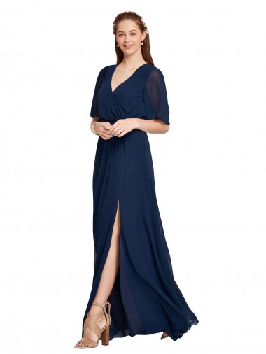 Cheap V-Neck Plush Chiffon Bridesmaid Dress with Flutter Sleeves UK