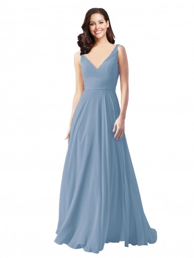 Cheap Long Chiffon V-Neck and Self Sash Bridesmaid Dress with Shirred Criss Cross Bodice UK