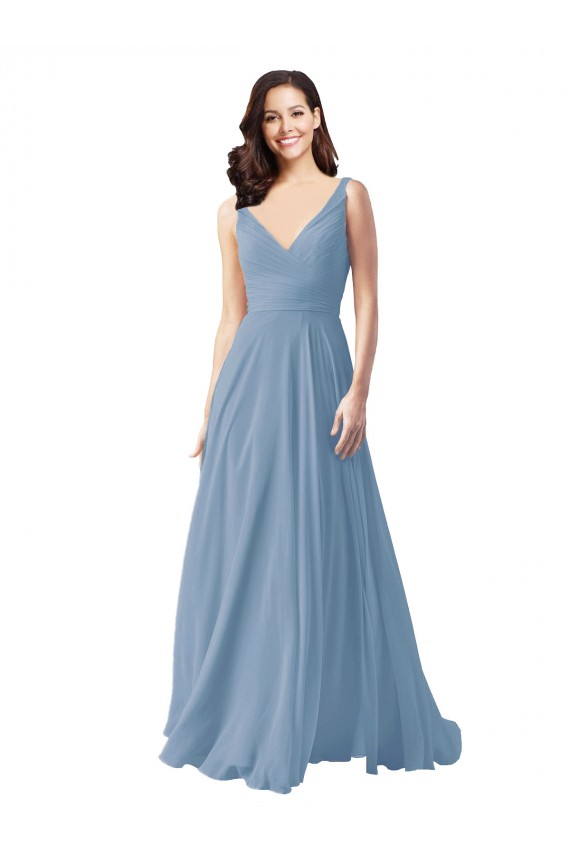 Cheap Long Chiffon V-Neck and Self Sash Bridesmaid Dress with Shirred Criss Cross Bodice UK