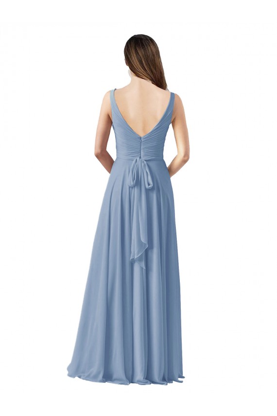 Cheap Long Chiffon V-Neck and Self Sash Bridesmaid Dress with Shirred Criss Cross Bodice UK