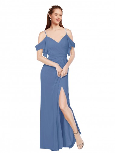 Cheap Mock-Wrap Off the Shoulder Long Chiffon Bridesmaid Dress with Side Slit UK