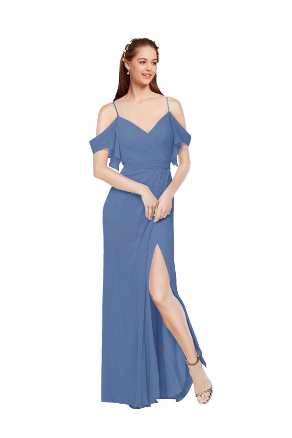 Cheap Mock-Wrap Off the Shoulder Long Chiffon Bridesmaid Dress with Side Slit UK