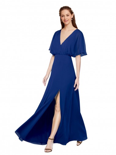 Cheap V-Neck Long Chiffon Bridesmaid Dress with Dolman Sleeved Bodice and Slit UK