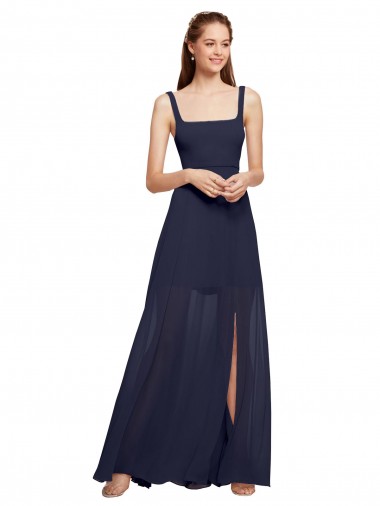 Cheap Squre Necked Long Chiffon Bridesmaid Dress with Front Slit UK