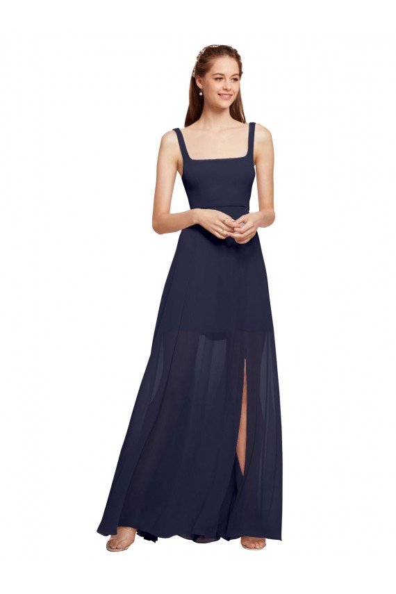Cheap Squre Necked Long Chiffon Bridesmaid Dress with Front Slit UK