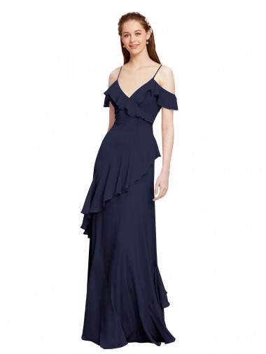 Cheap Cascading Ruffles Long Chiffon Bridesmaid Dress with Cold Shoulder UK