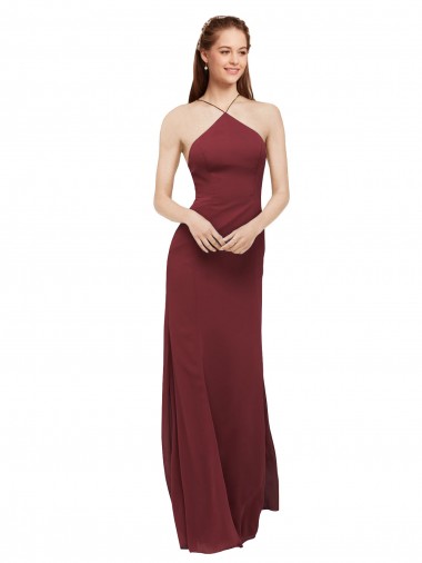 Cheap High Halter Neck Long Chiffon Bridesmaid Dress with Low Scoop Back UK