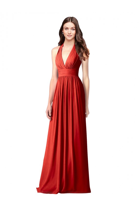Cheap Halter V-Neck A-Line Chiffon Bridesmaid Dress with Shirred Skirt UK