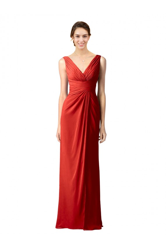 Cheap Shirred Long Floor Length Chiffon Bridesmaid Dress with V-Back UK