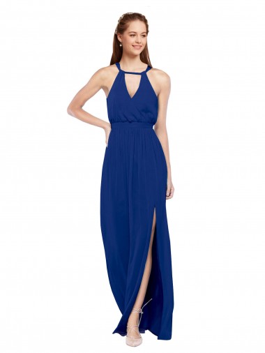 Cheap High Keyhole Neck Long Chiffon Bridesmaid Dress with Slit UK