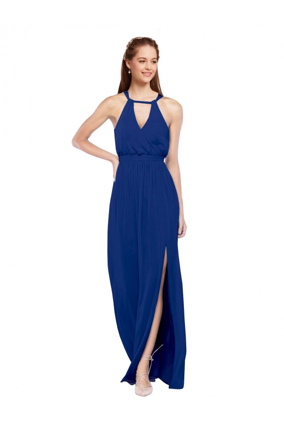 Cheap High Keyhole Neck Long Chiffon Bridesmaid Dress with Slit UK