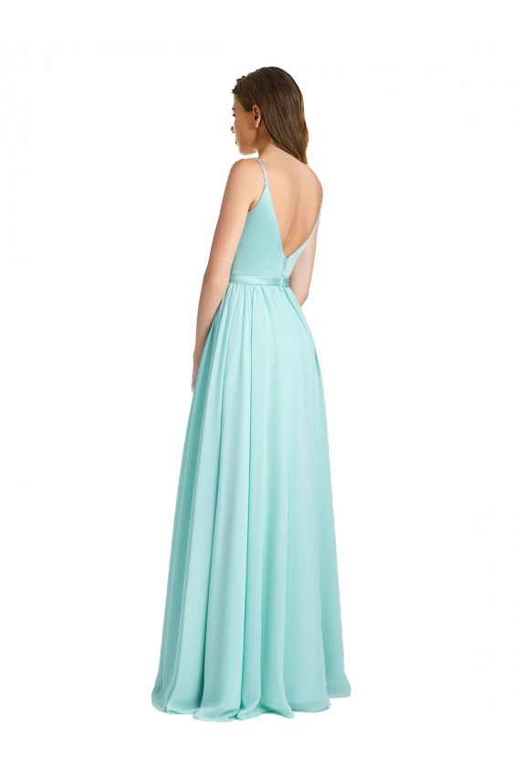 Cheap Long V-Neck Chiffon Bridesmaid Dress with Satin Bodice UK