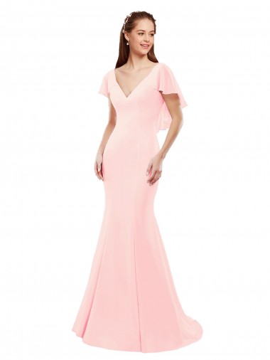 Cheap Fit and Flare Chiffon Bridesmaid Dress with V-Neck and Flutter Sleeves UK