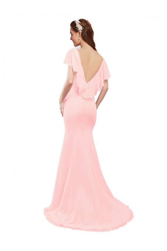Cheap Fit and Flare Chiffon Bridesmaid Dress with V-Neck and Flutter Sleeves UK