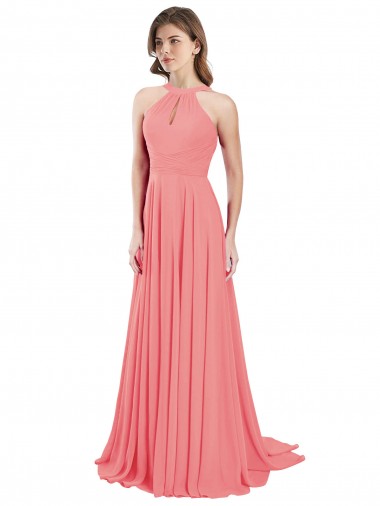 Cheap Draped A-Line Chiffon Bridesmaid Dress with Halter Keyhole Neckline UK