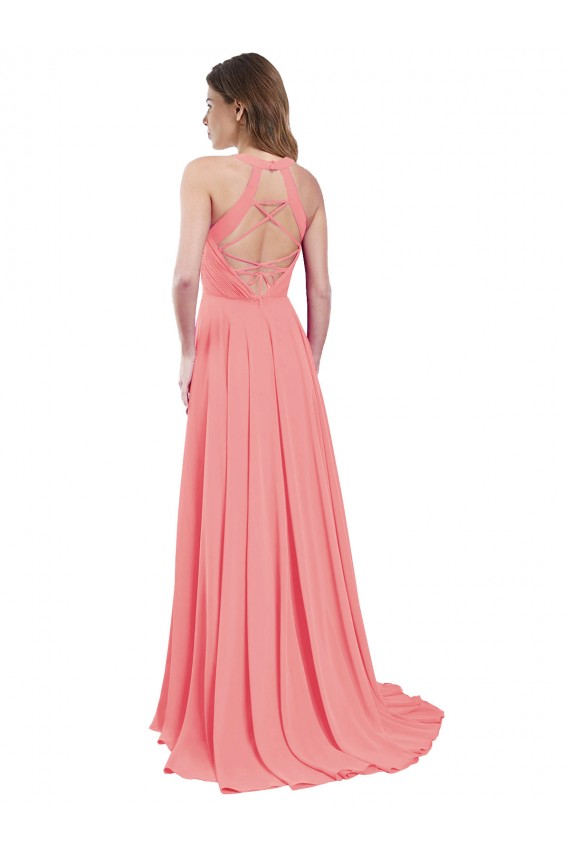 Cheap Draped A-Line Chiffon Bridesmaid Dress with Halter Keyhole Neckline UK