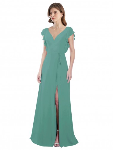 Cheap Full Length Chiffon Bridesmaid Dress with Ruffled Cap Sleeves and Side Slit UK