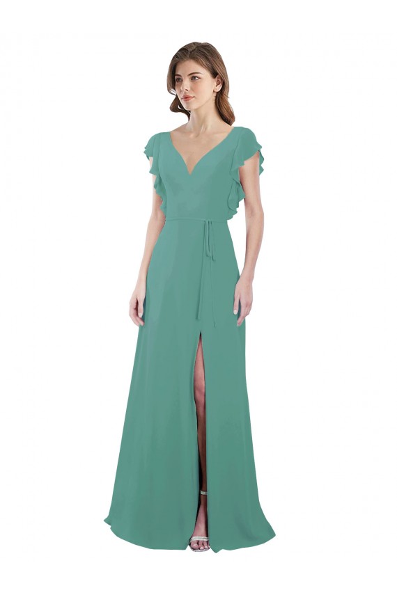 Cheap Full Length Chiffon Bridesmaid Dress with Ruffled Cap Sleeves and Side Slit UK