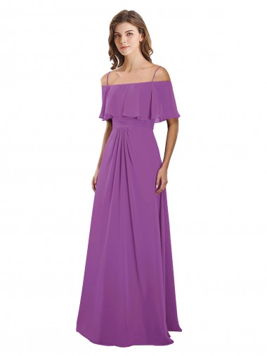 Cheap Draped Off The Shoulder Chiffon Bridesmaid Dress with Spaghetti Straps and Ruffled Neckline UK