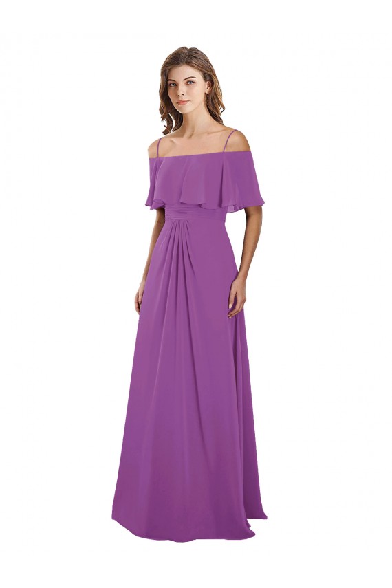 Cheap Draped Off The Shoulder Chiffon Bridesmaid Dress with Spaghetti Straps and Ruffled Neckline UK