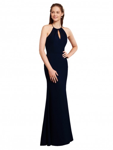 Cheap Fluted Long Chiffon Bridesmaid Dress with Halter Neckline and Keyhole UK