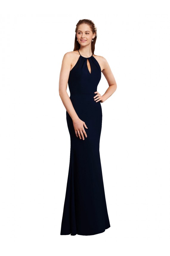 Cheap Fluted Long Chiffon Bridesmaid Dress with Halter Neckline and Keyhole UK
