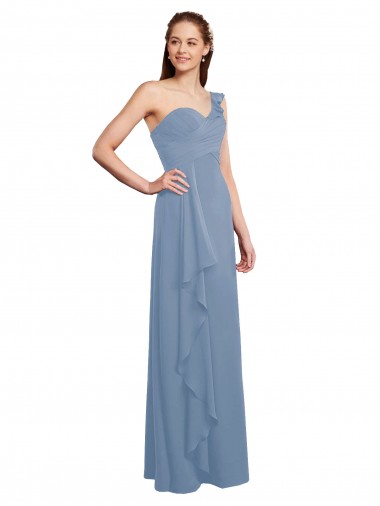 Cheap Single Shoulder Strap Long Chiffon Bridesmaid Dress with Cascading Ruffles UK