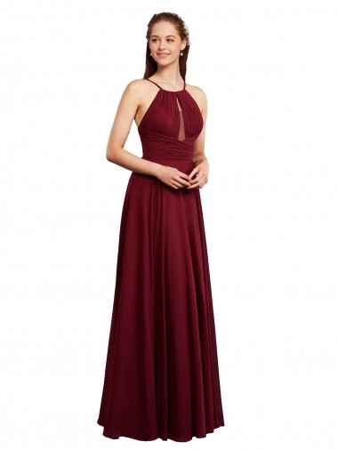 Cheap Long A-Line Halter Neck Chiffon Bridesmaid Dress with Draped Bodice UK