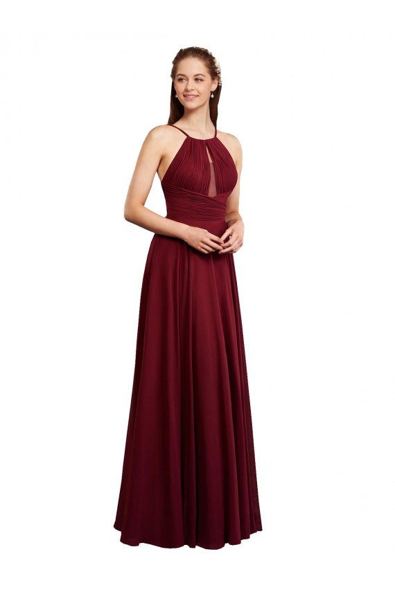 Cheap Long A-Line Halter Neck Chiffon Bridesmaid Dress with Draped Bodice UK