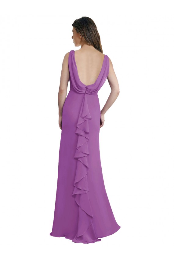 Cheap V-Shaped Neckline Long Chiffon Bridesmaid Dress with Cascading Ruffles Back UK
