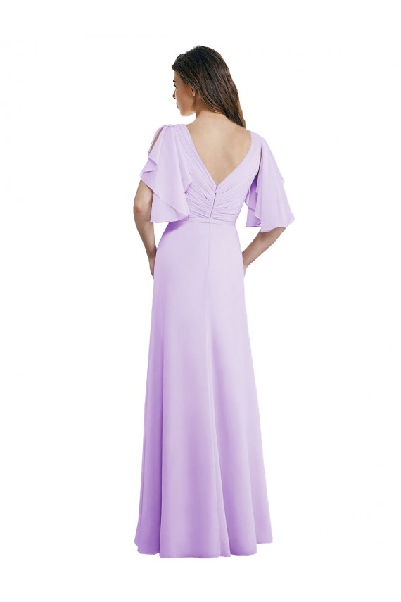 Cheap A-Line Draped Chiffon Bridesmaid Dress with V-Neck and Split Sleeves UK