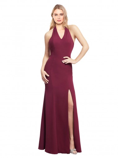 Cheap Chiffon Mermaid Bridesmaid Dress with Back Tie Halter Straps and Side Slit UK