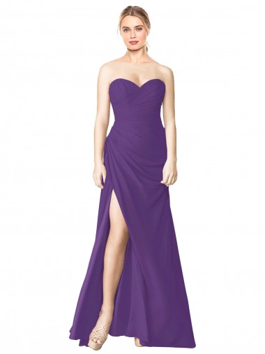Cheap Strapless Chiffon Bridesmaid Dress with Pleated Wrap Bodice and Side Slit UK