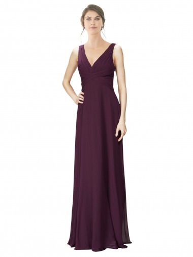 Cheap Long Chiffon Bridesmaid Dress with Ruched Criss Cross V-Neck Bodice UK