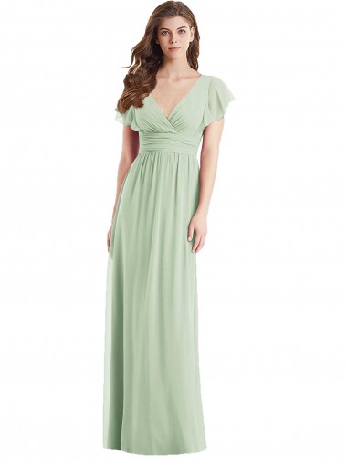 Cheap Flutter Sleeves Draped Wrap V-Neck Chiffon Bridesmaid Dress UK