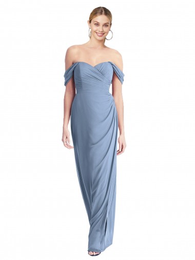 Cheap Full Length Draped Off the Shoulder Maxi Bridesmaid Dress with Shirred Streamer UK