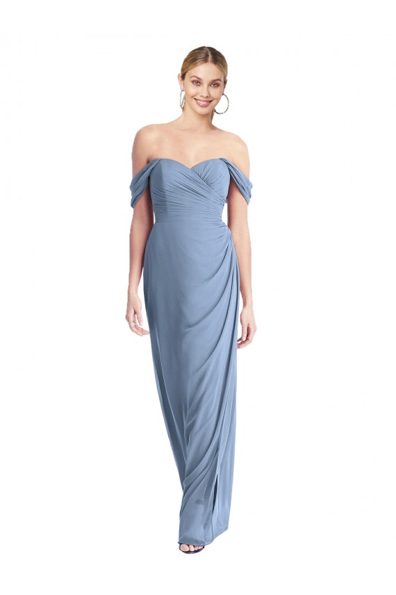 Cheap Full Length Draped Off the Shoulder Maxi Bridesmaid Dress with Shirred Streamer UK