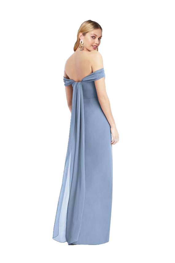 Cheap Full Length Draped Off the Shoulder Maxi Bridesmaid Dress with Shirred Streamer UK
