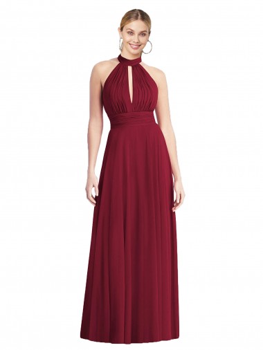 Cheap High-Neck Open Back Shirred Halter Maxi Bridesmaid Dress UK