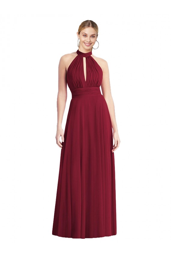 Cheap High-Neck Open Back Shirred Halter Maxi Bridesmaid Dress UK