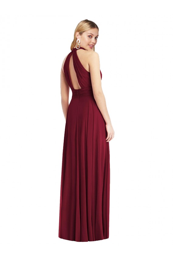 Cheap High-Neck Open Back Shirred Halter Maxi Bridesmaid Dress UK
