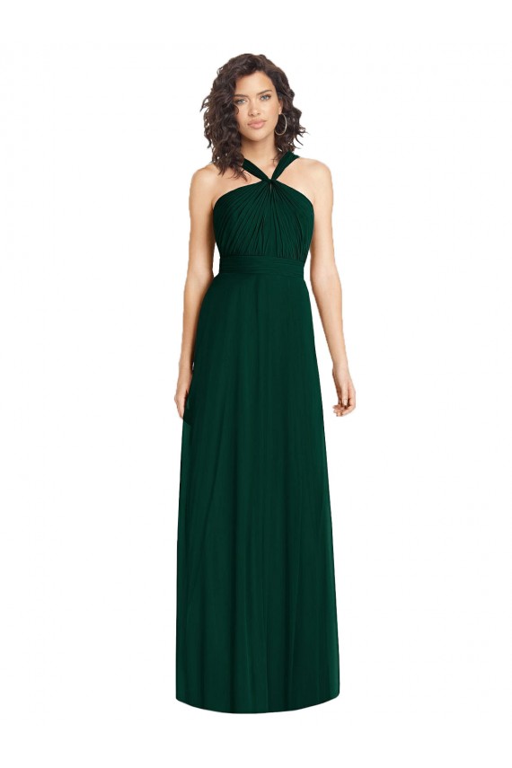 Cheap Draped Halter Neck Long Chiffon Bridesmaid Dress with Low Back UK