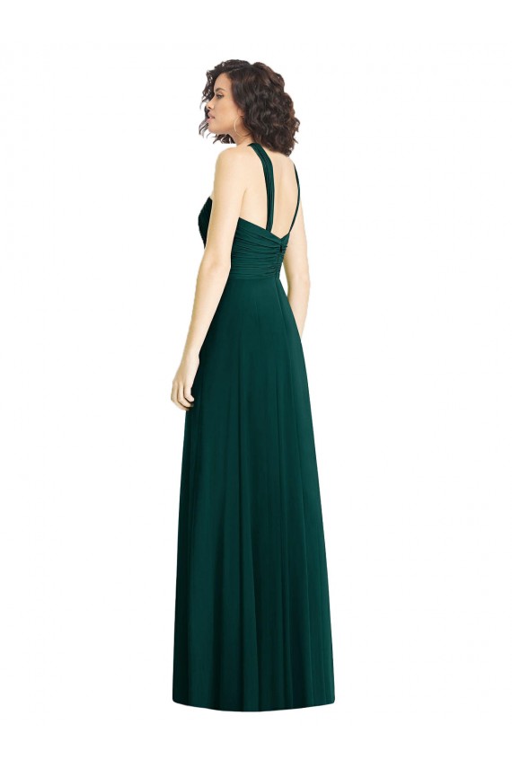 Cheap Draped Halter Neck Long Chiffon Bridesmaid Dress with Low Back UK