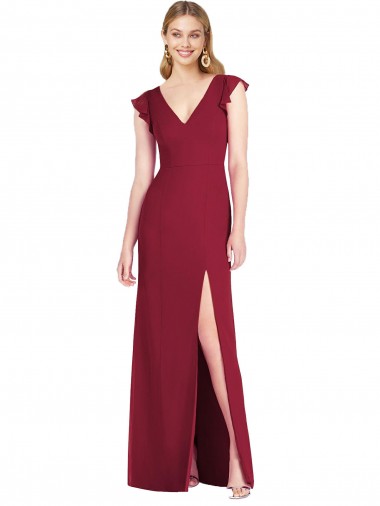 Cheap Ruffled Sleeves Mermaid Chiffon Bridesmaid Dress with Front Slit UK