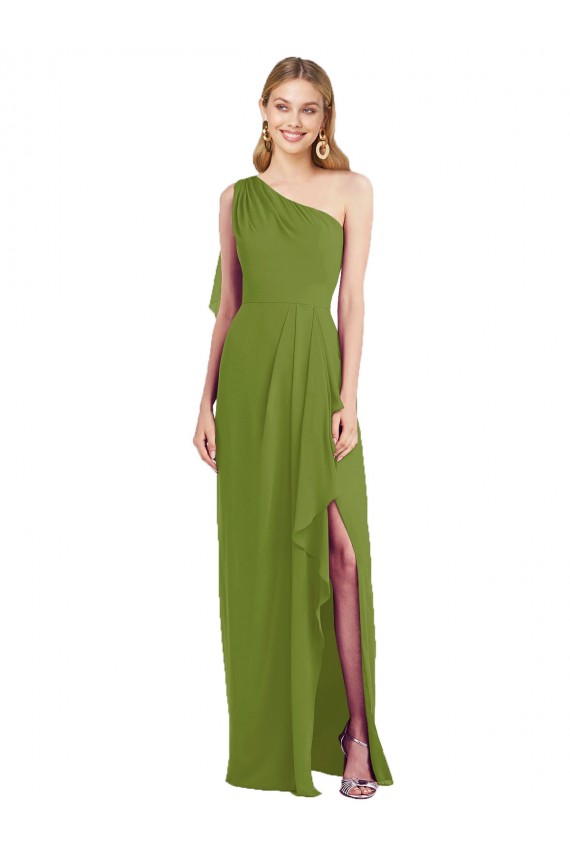 Cheap One Shoulder Chiffon Bridesmaid Dress with Draped Front Slit UK